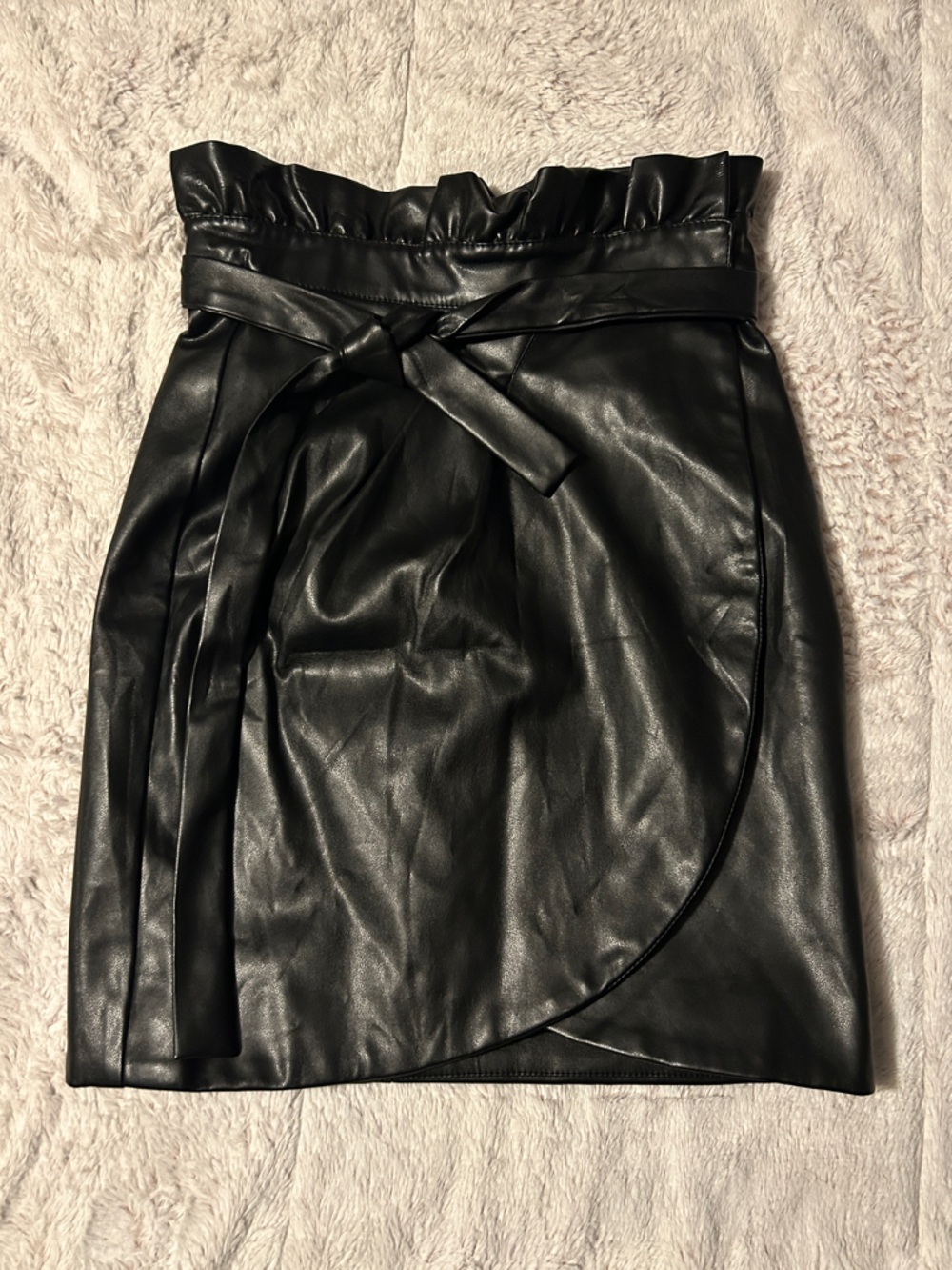 Office Goth Black Faux Leather Paperbag Waist Skirt with Tie